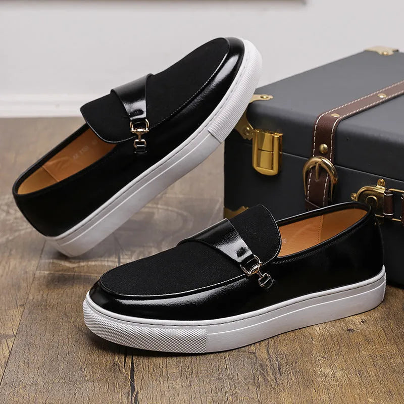 Men's horsebit buckle slip-on loafers in black and red, artificial leather upper, round toe, rubber sole