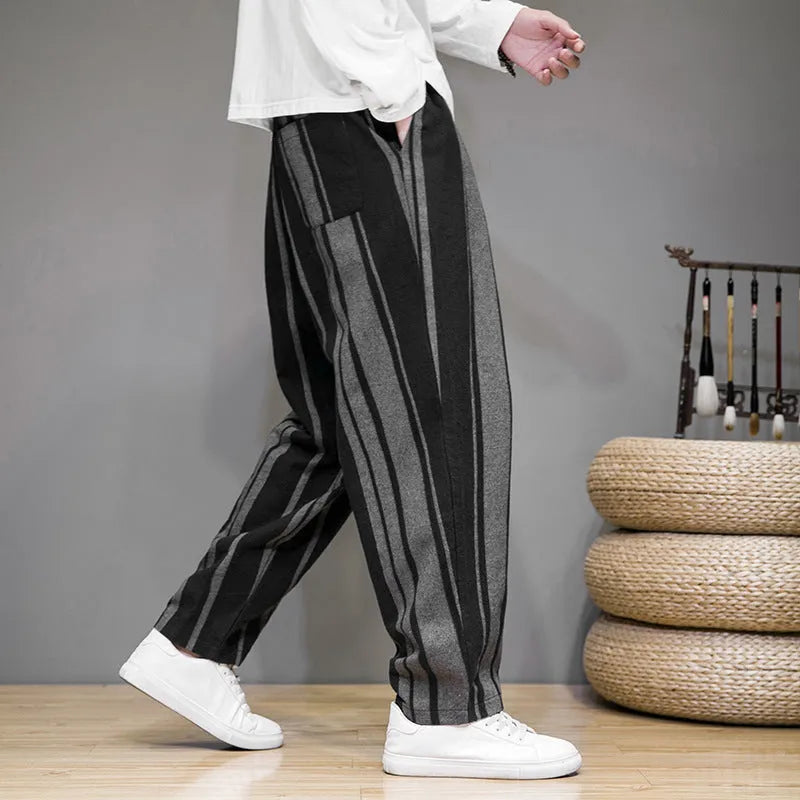 Bold stripes wide men's casual pants in navy blue, mid-waist polyester trousers for leisure