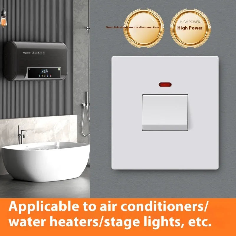 High-current illuminated electrical switch in gold, grey, or white for water heater and air conditioning units.