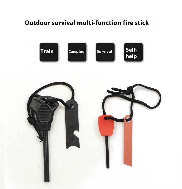 Outdoor camping multifunctional flint in black, 13cm magnesium rod with stainless steel scraper and survival whistle