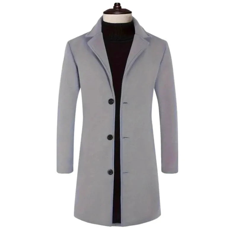 Men's solid colour slim fit trench coat, mercerised polyester, mid-length, side seam pockets, available in black.