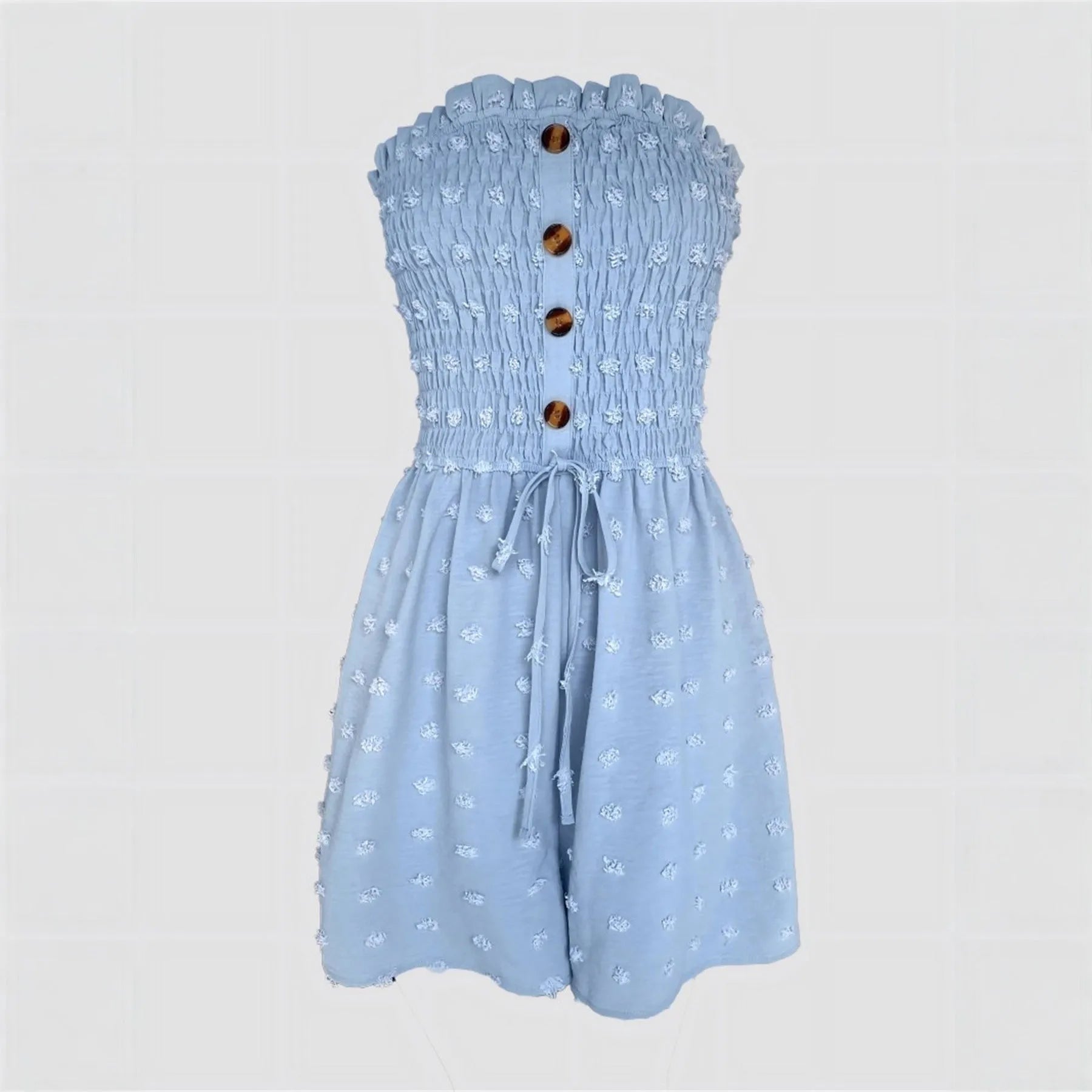 Women's blue off-shoulder sleeveless jumpsuit with button details and mid waist design