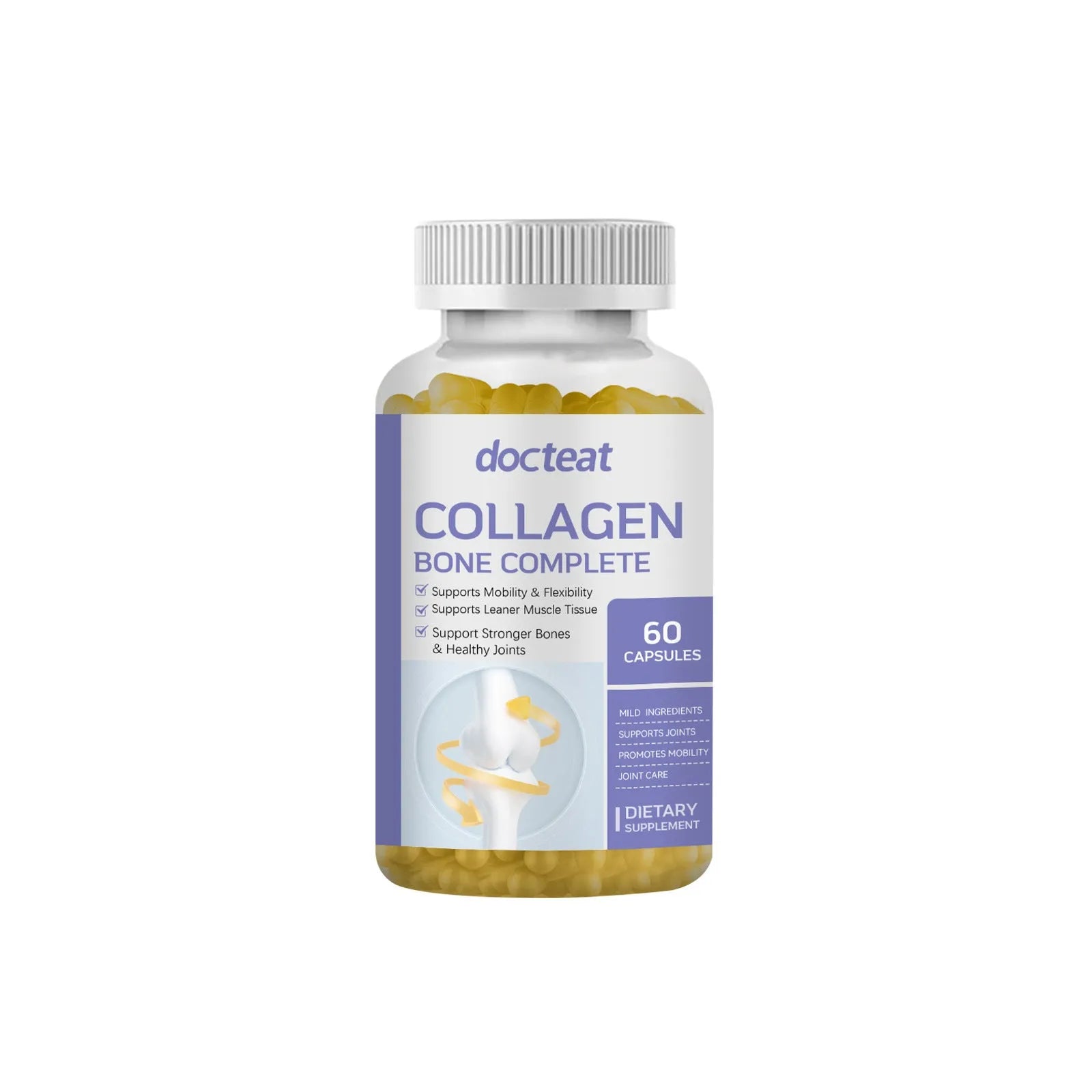 Bottle of collagen capsules with multivitamin ingredients listed, 60 capsules containing marine collagen vitamin C D3 K2 and calcium