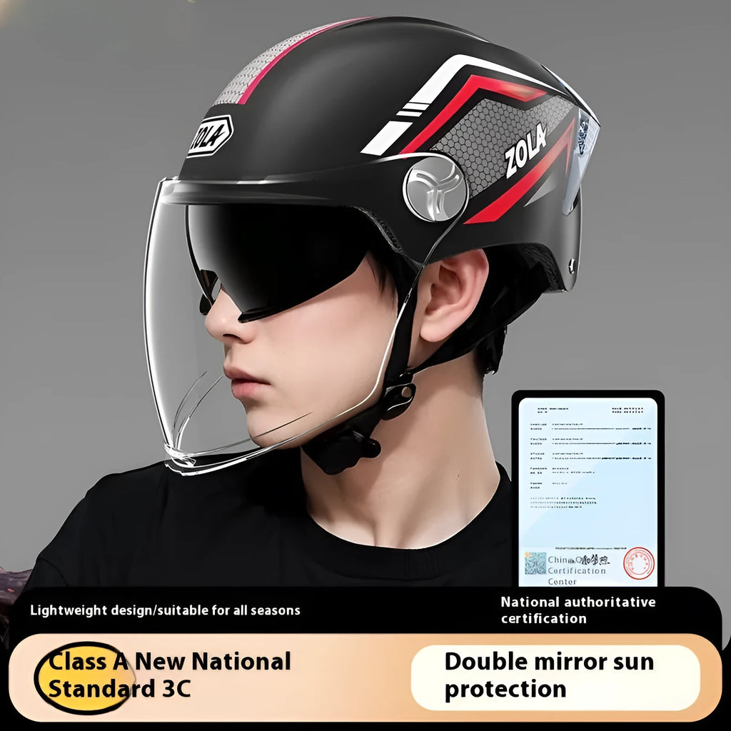 3C-certified motorcycle half helmet with ABS shell and dual mirrored visor in light brown colour option