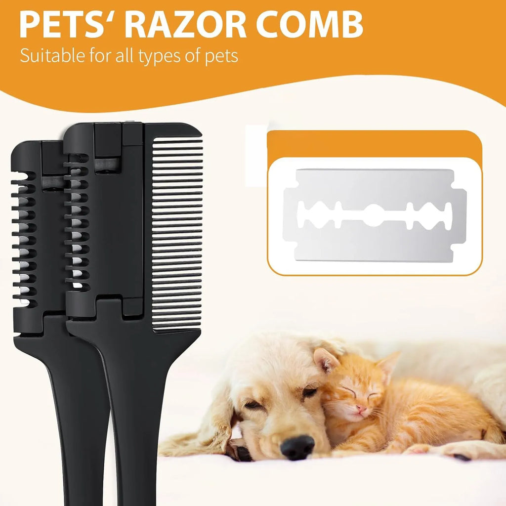 Silver 2-in-1 dog and cat razor comb with comb teeth and trimming blade, shown with spare blades.