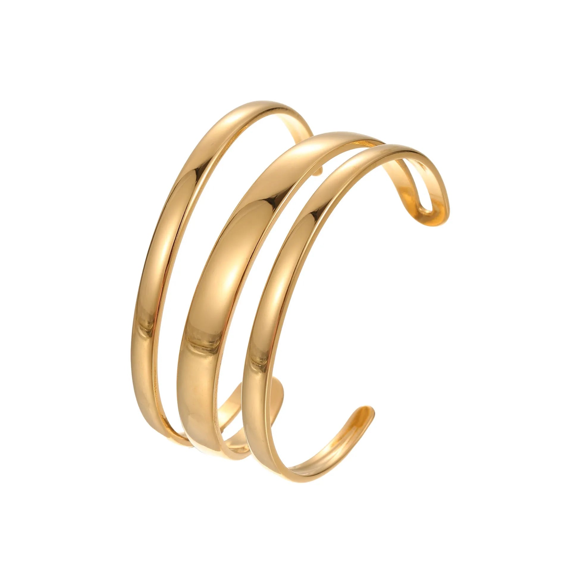 Geometric stainless steel bracelet with simple opening and linear decoration in gold or steel finish