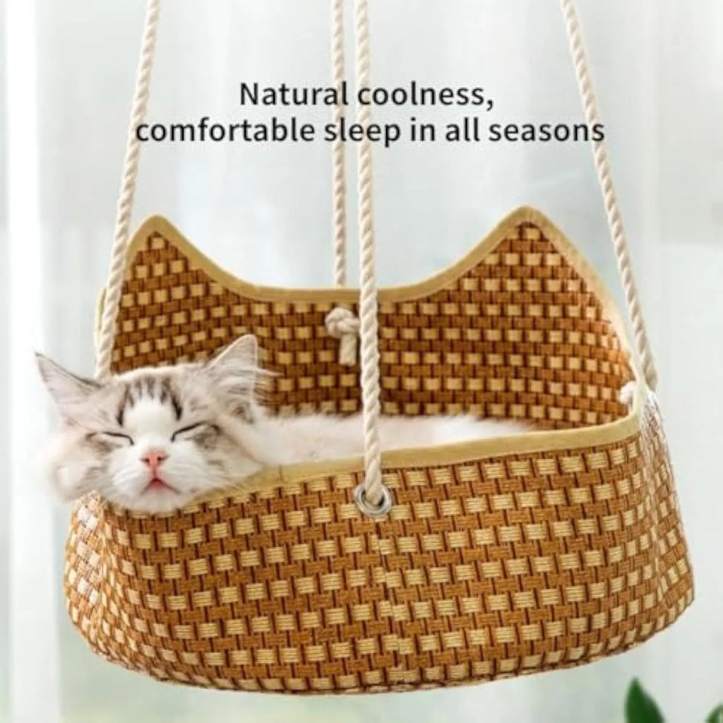 Breathable cat hammock made of rattan and bamboo with metal hooks for indoor outdoor use, 40x20cm