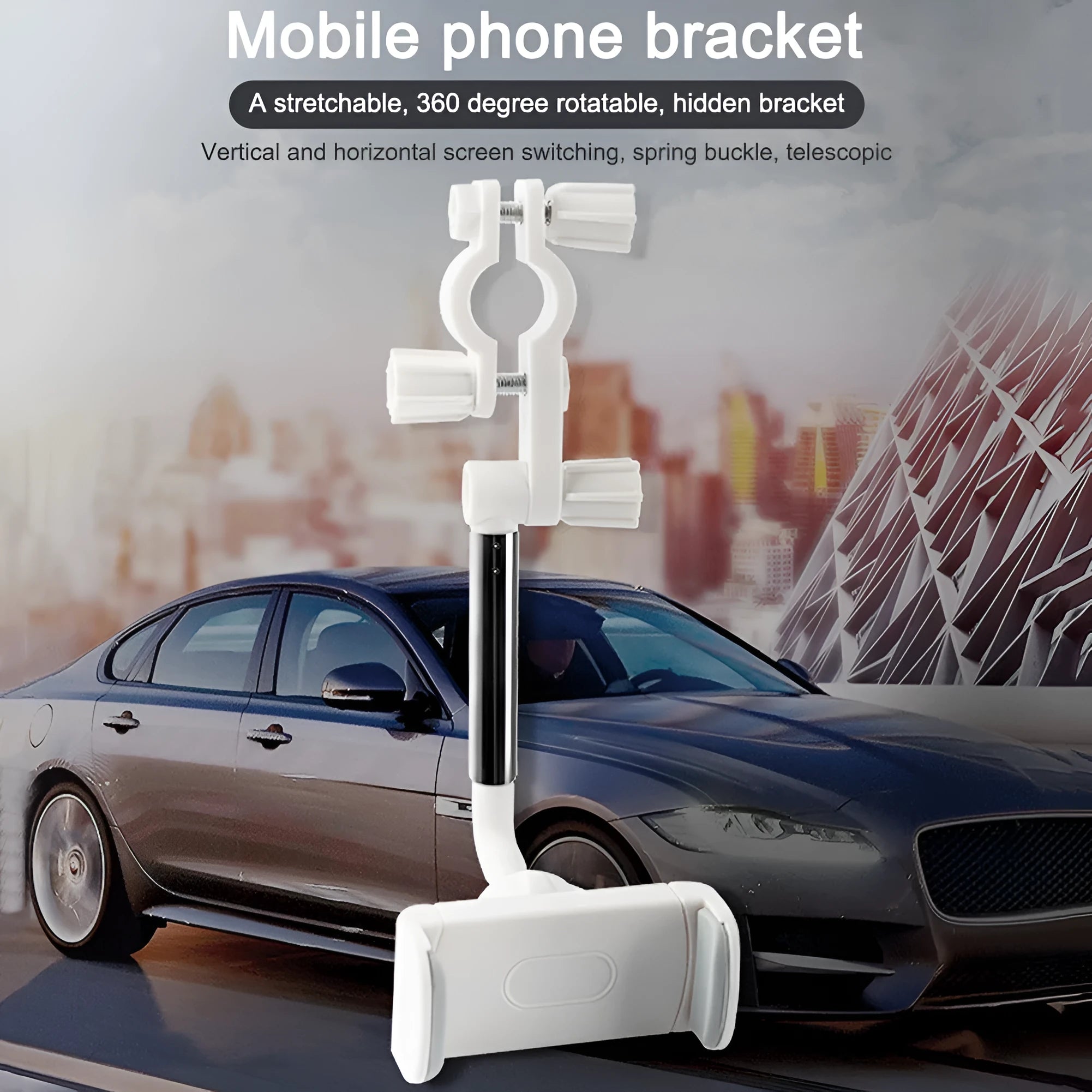 ABS and metal car rearview mirror phone holder with 360 rotation and snap buckle, holding a smartphone in place
