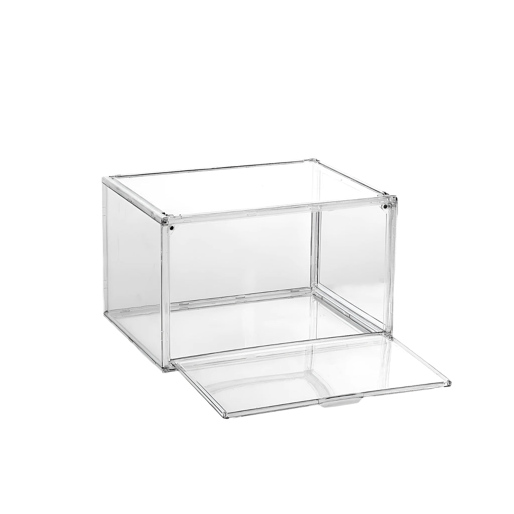 Large transparent acrylic shoe box with magnetic side door and lid, showing shoes inside