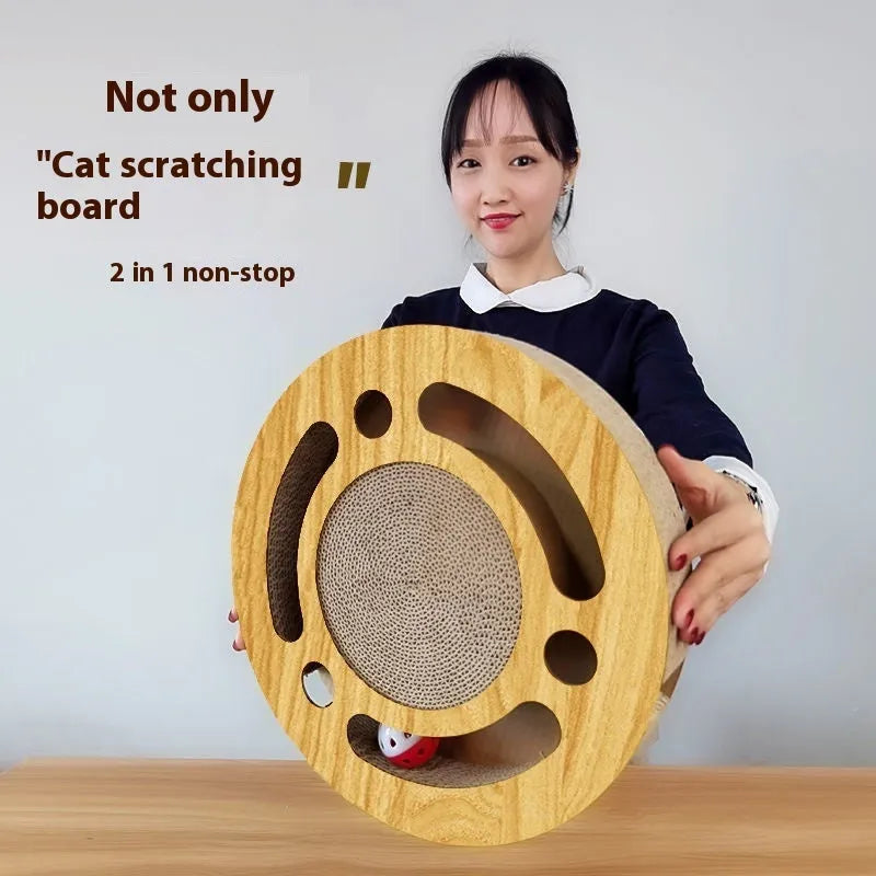 Round cat scratch board made of corrugated paper with a small ball for claw grinding and play