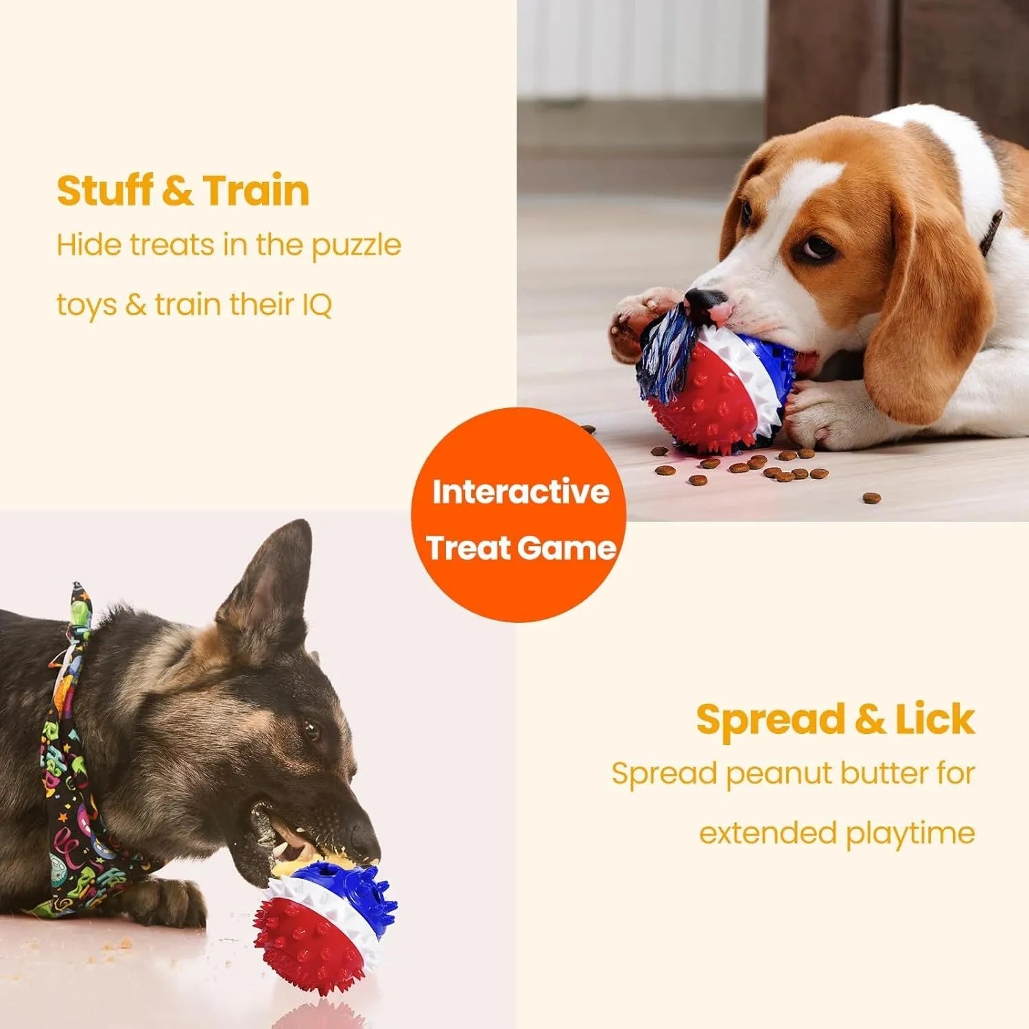 Blue and red TPR rubber dog chew ball with textured bumps and rope ends