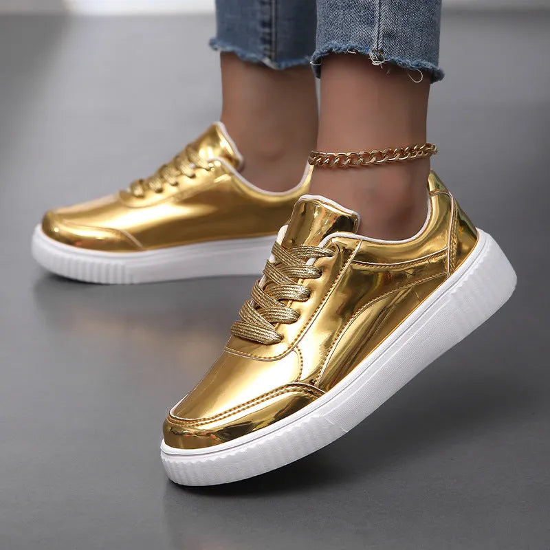 Gold sequin platform sneakers with round toe and thick MD sole
