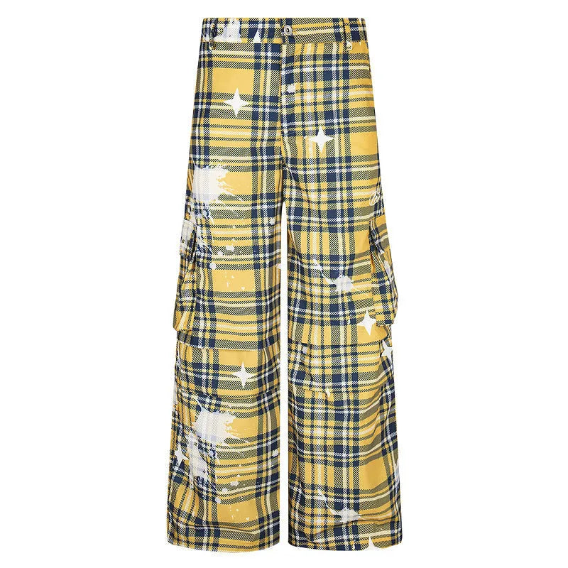 Men's retro plaid loose straight casual trousers in blue polyester fabric with mid waist and straight leg