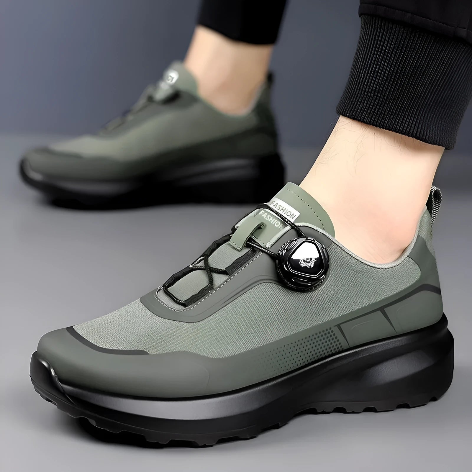 Thick bottom rotating button casual sneaker for men in black with cloth upper and platform sole
