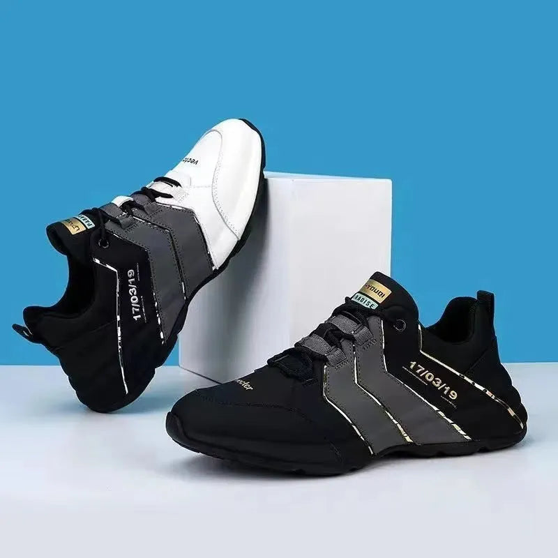 Casual low-top sneakers with round toe, lace-up front, and thick plastic sole in black and grey.