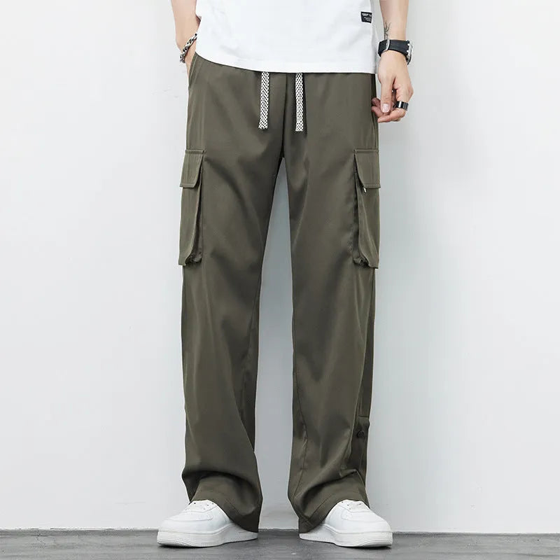 Men's plus size loose straight-leg nylon overalls in Army Green, front view