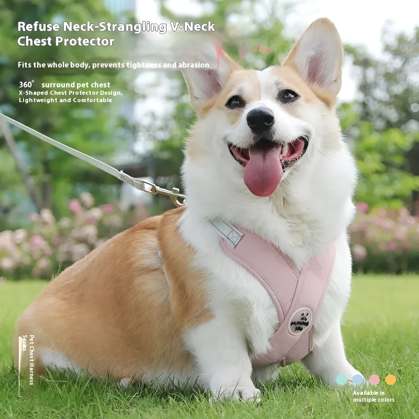 Polyester dog walking vest and hand-holding rope set shown in blue, green, pink, or yellow.