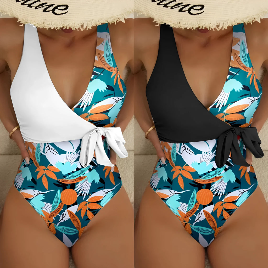High-waist one-piece swimsuit with printed pattern in white or black colour options