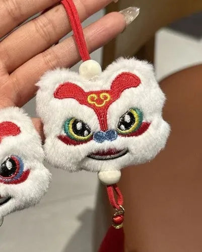 Handmade Chinese style plush lion tassel keychain ornament with Star Stone details in blue or yellow colour