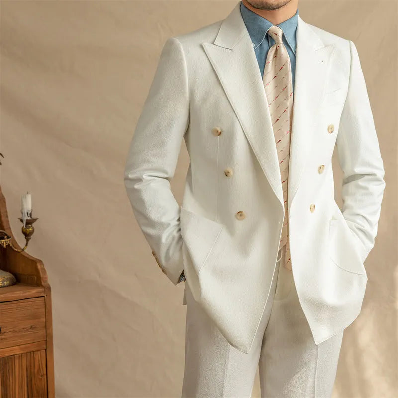 Men's half-lined seersucker blazer with two double-breasted buttons in milky white cyan