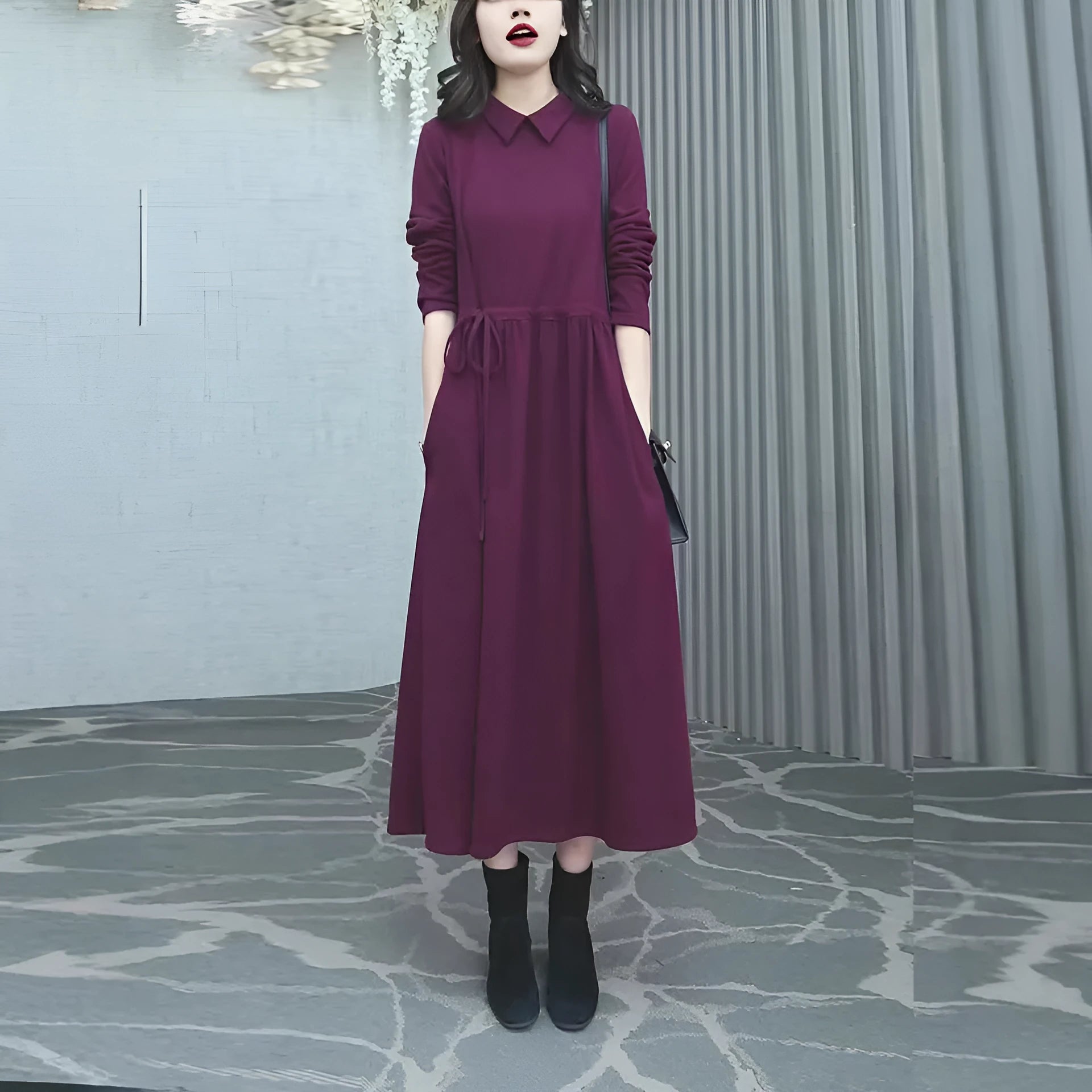 Purplish red women's plus size long dress with extra-long sleeves for autumn and winter wear