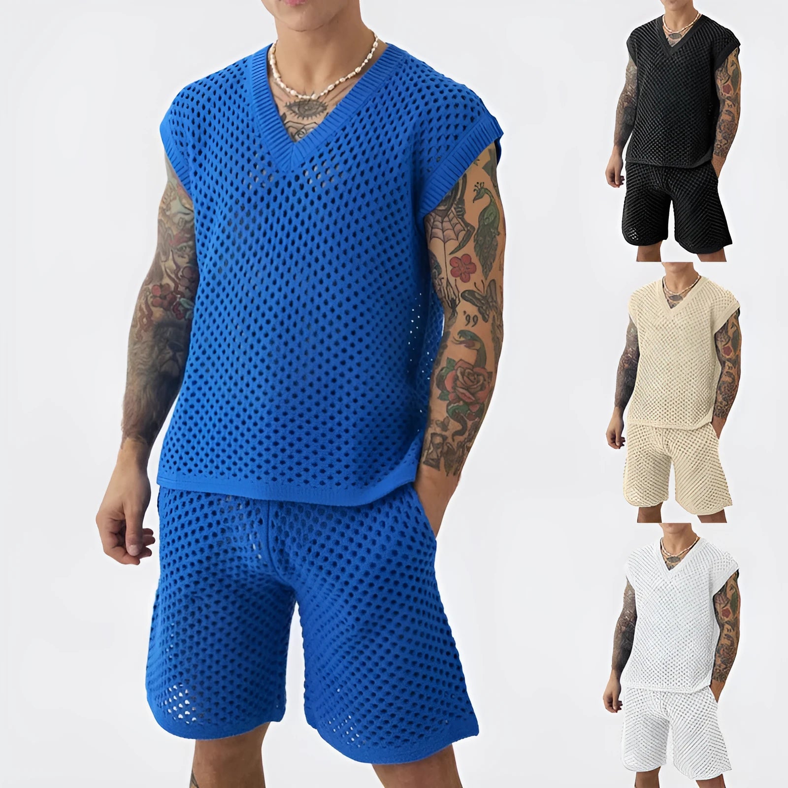 Men's blue V-neck sleeveless vest and matching shorts summer sports set on hanger
