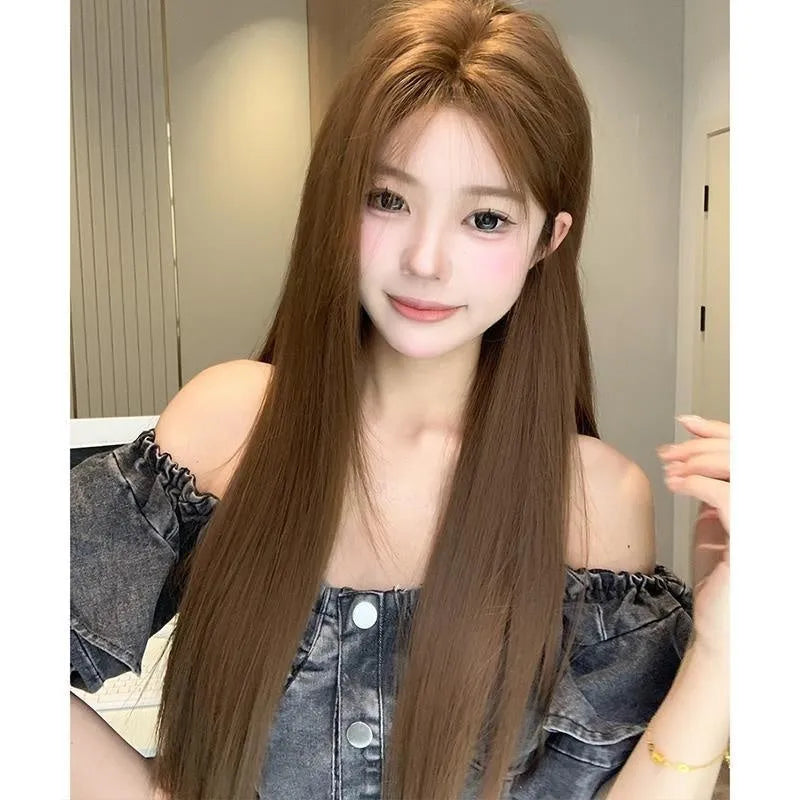 Warm brown long straight wig with centre-parted bangs and forehead lace, natural style