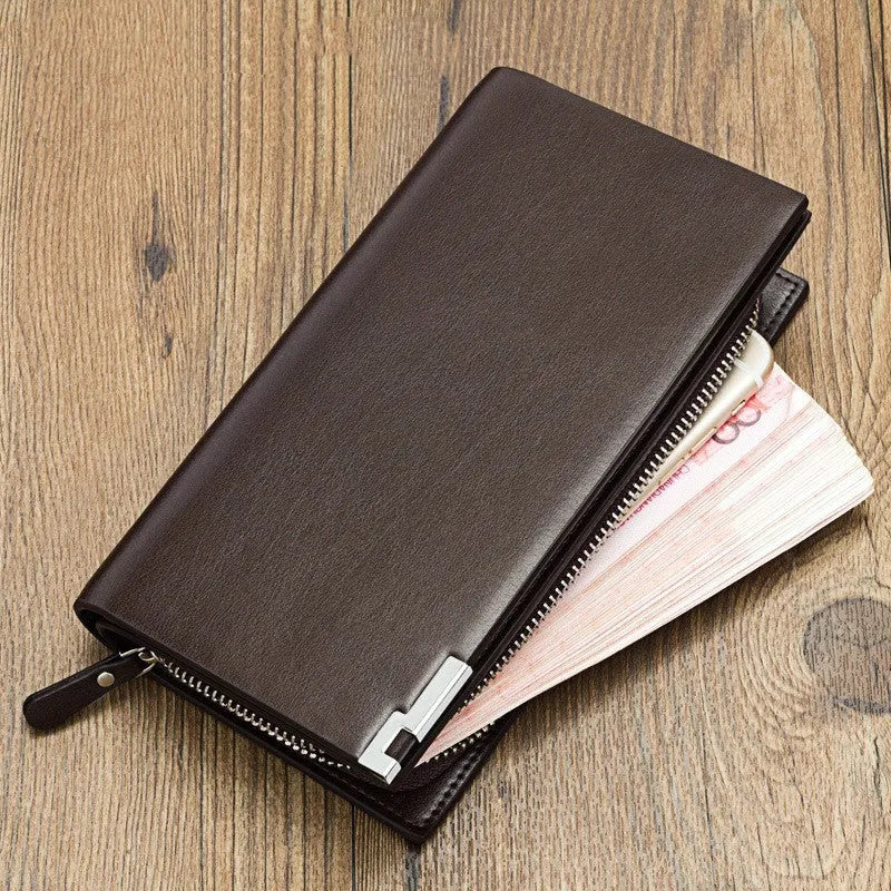 Men's long black PU leather zipper wallet showing closed zipper and wear-resistant texture