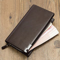 Men's long black PU leather zipper wallet showing closed zipper and wear-resistant texture