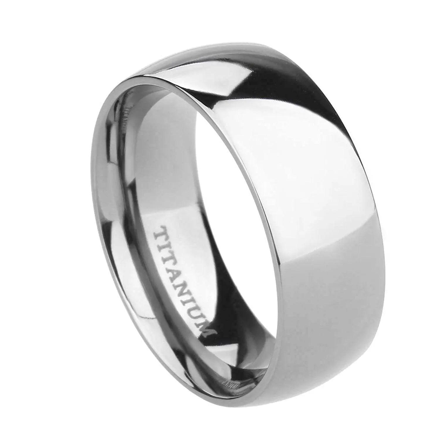 Silver titanium steel unisex ring on a finger, showing minimalist band in 2mm, 4mm, and 6mm width options.