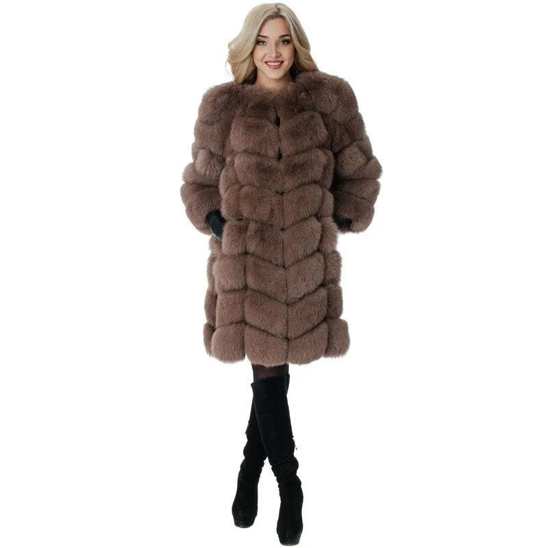 Women's long artificial fur coat in wine red colour showing full-length design and regular sleeves.