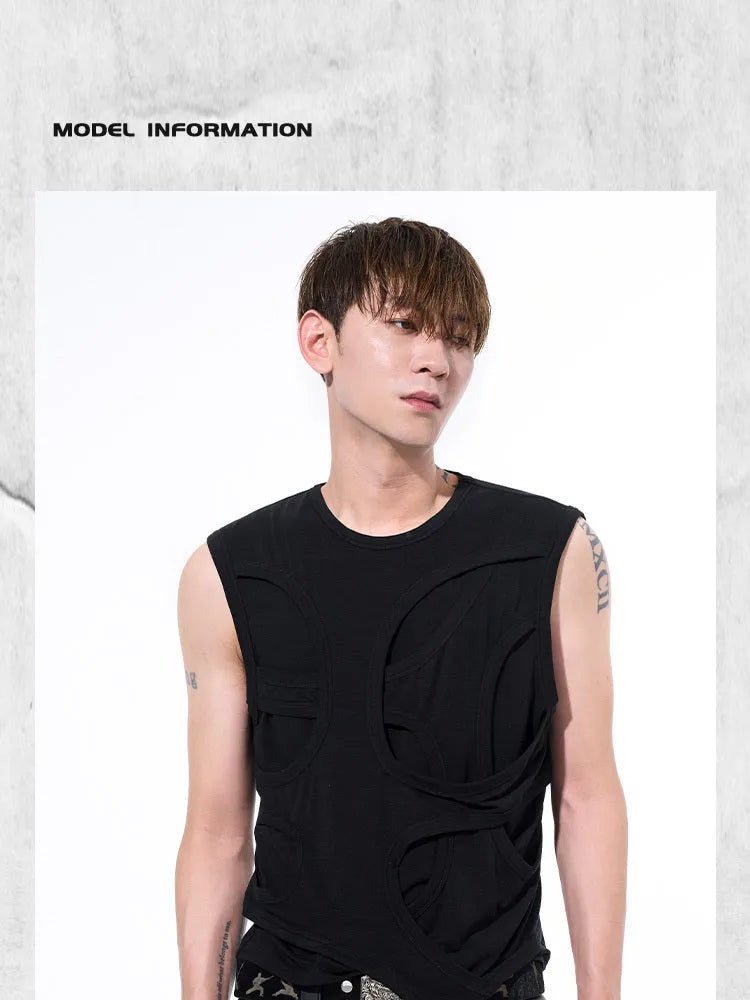 Man's solid black Lyocell sleeveless vest tank top with round neck collar