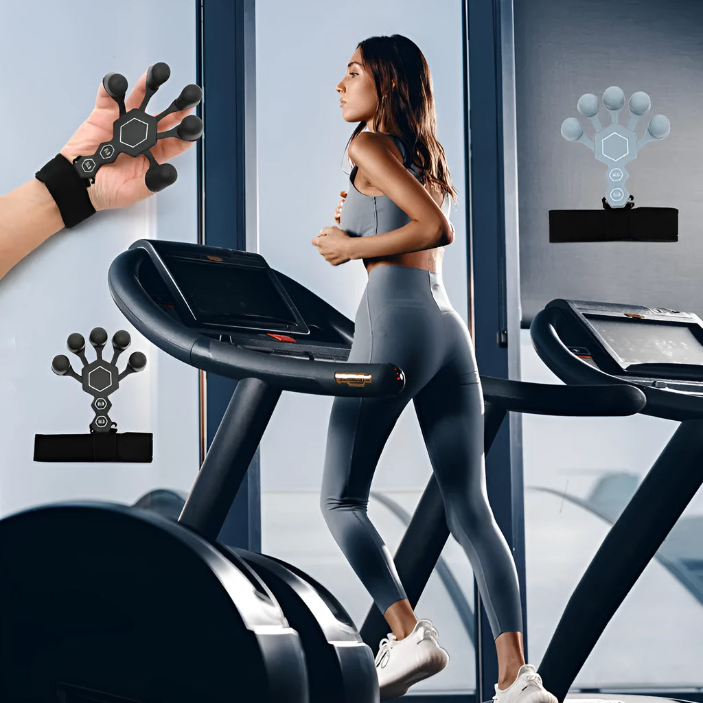 Gray silicone 5-finger rehabilitation hand trainer for grip strength exercises on a plain background