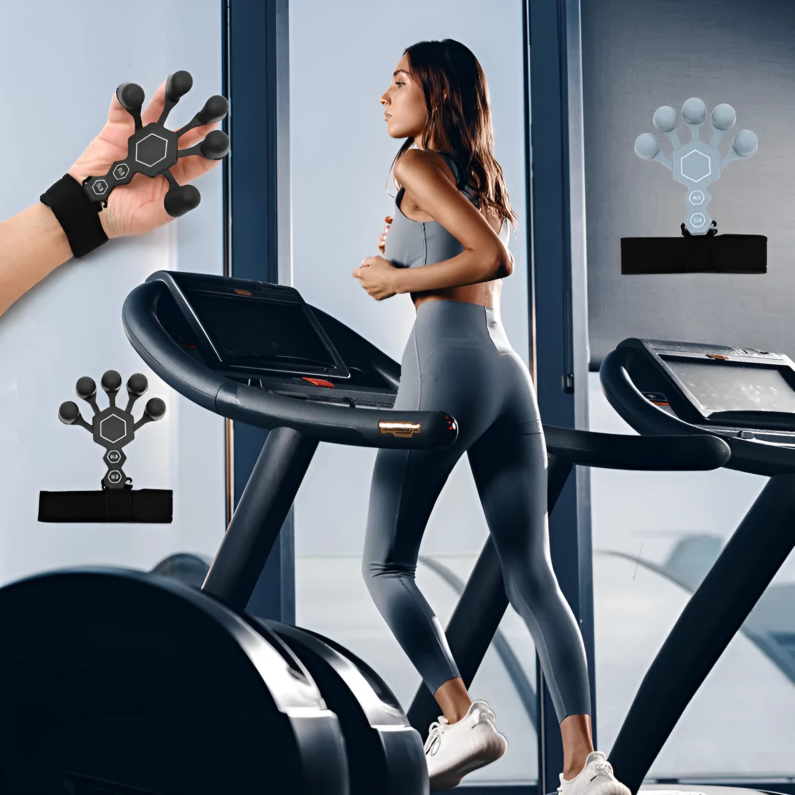 Gray silicone 5-finger rehabilitation hand trainer for grip strength exercises on a plain background