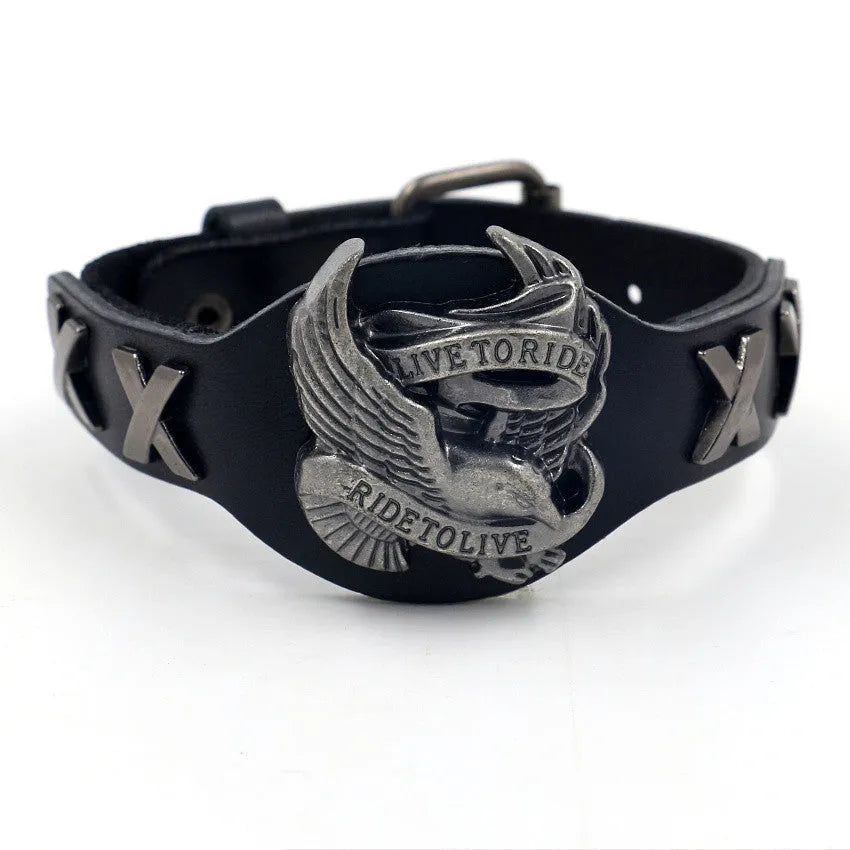 Black leather geometric eagle watch-bottom bracelet with 26cm length and unisex European American style design