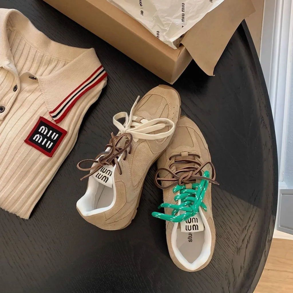 Retro German training women's sports casual shoes in khaki, artificial PU upper, front lace-up, flat heel