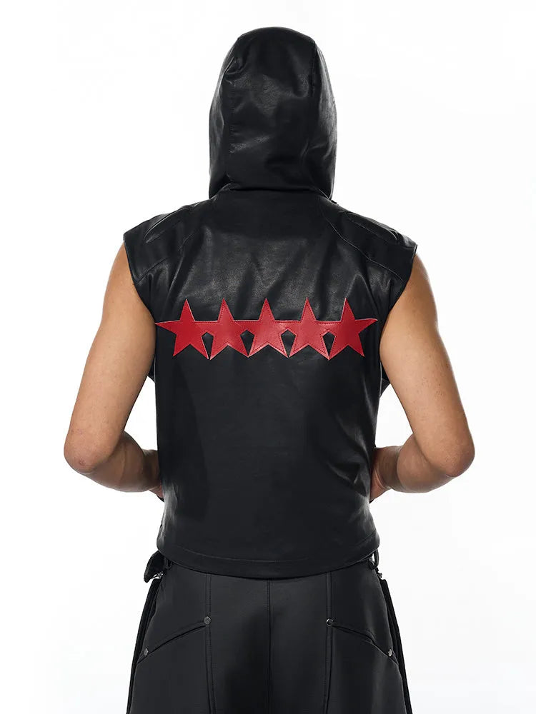 Short hood slim fit men's PU leather waistcoat in black with five-pointed star detail