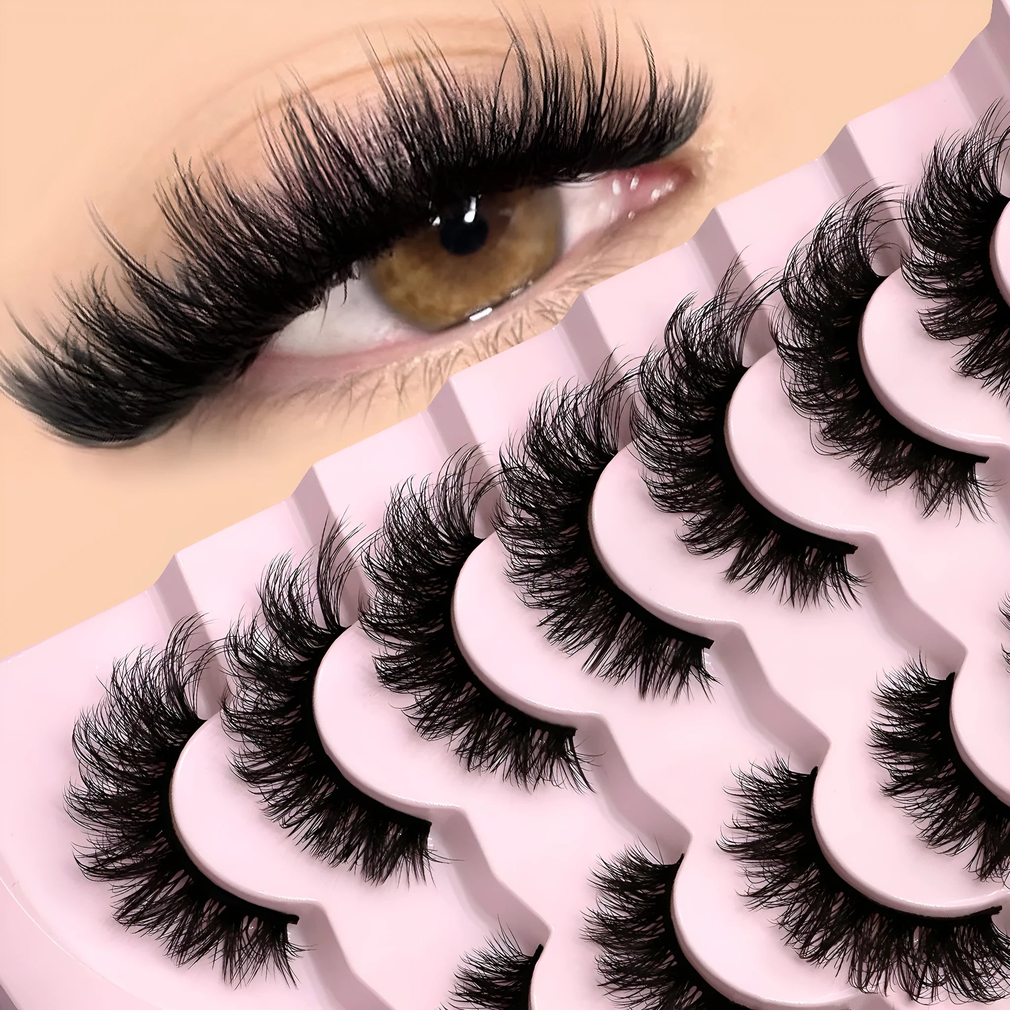 Box of artificial fibre false eyelashes in natural long thick style with glue