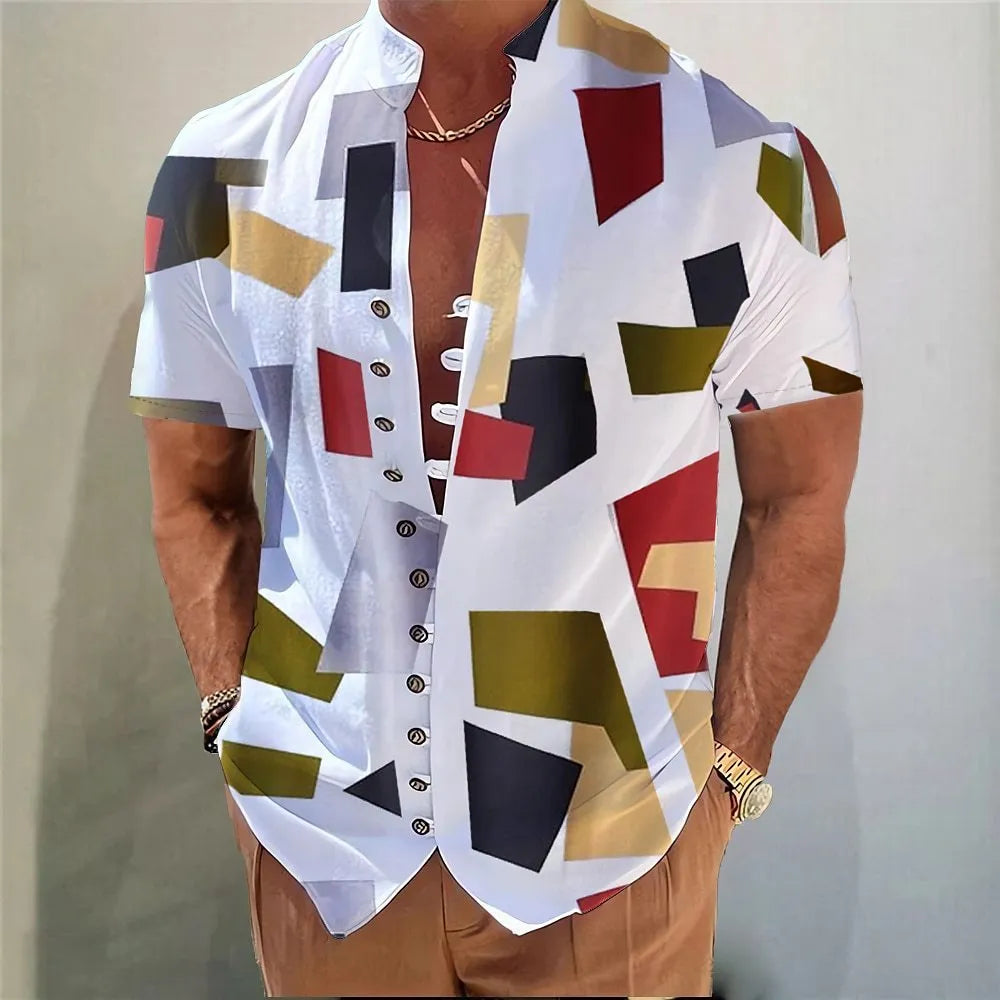 Geometric 3D printed short sleeve casual floral shirt in polyester blend, regular fit cardigan style, front view