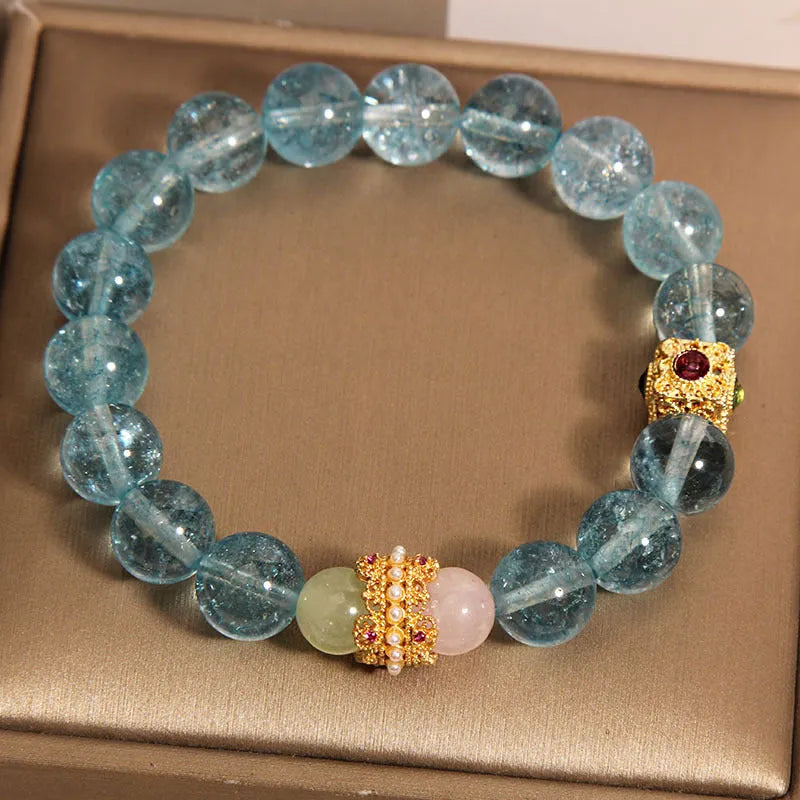 Natural crystal bracelet for women with blue cube sugar and colourful stone beads on flexible ring