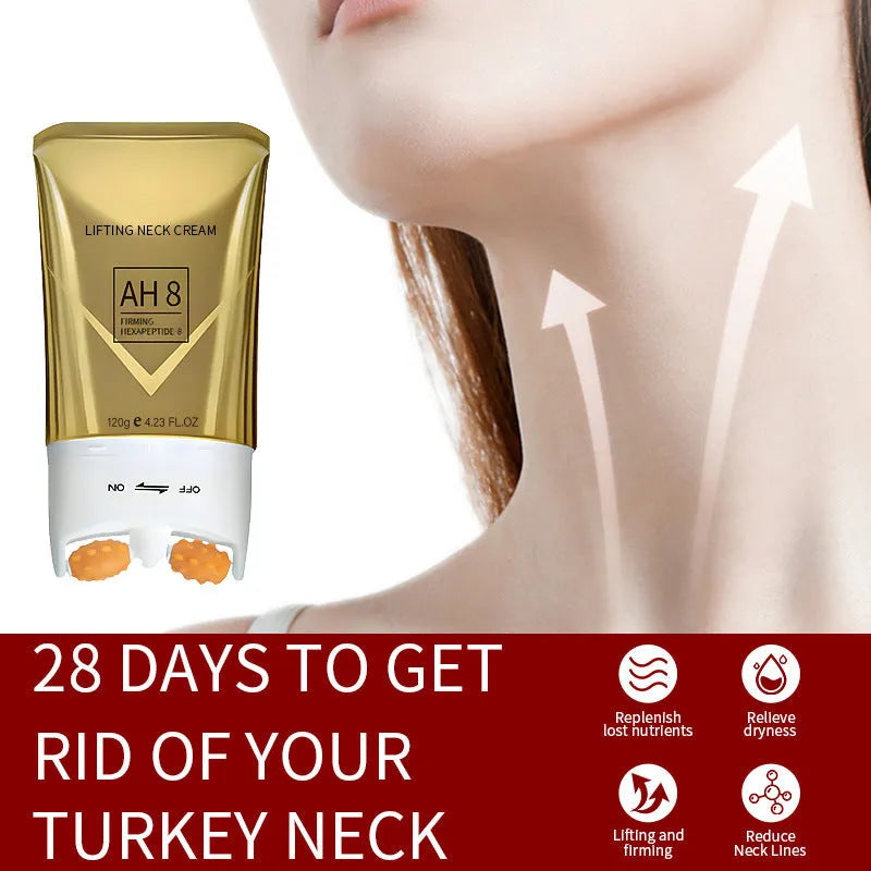 Tube of wrinkle neck cream with a roller ball applicator attached to the cap.