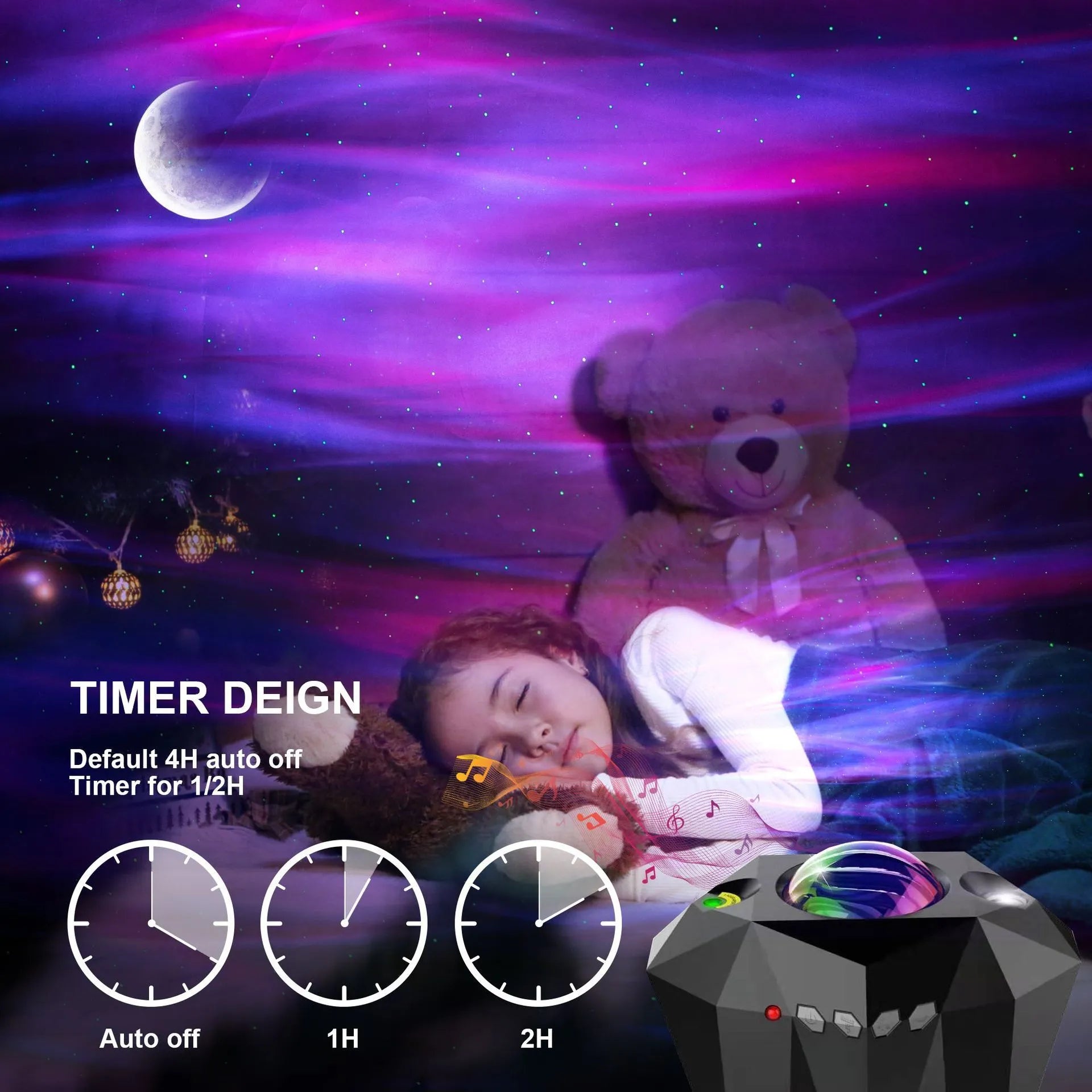 USB Bluetooth music star projector lamp with remote control, showing water pattern and green laser projection in a dark room
