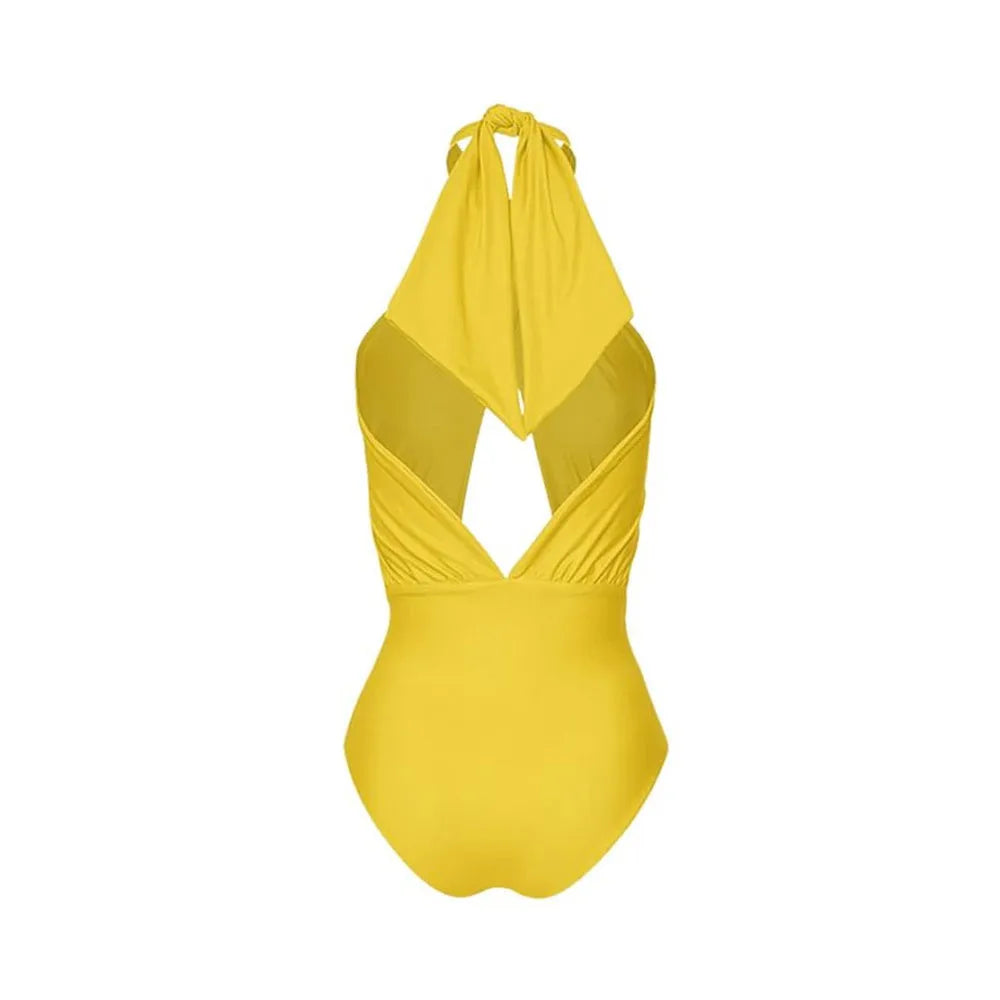 Women's pure colour halter one-piece swimsuit with wrap skirt set in solid polyester, tight fit, sizes S to XL