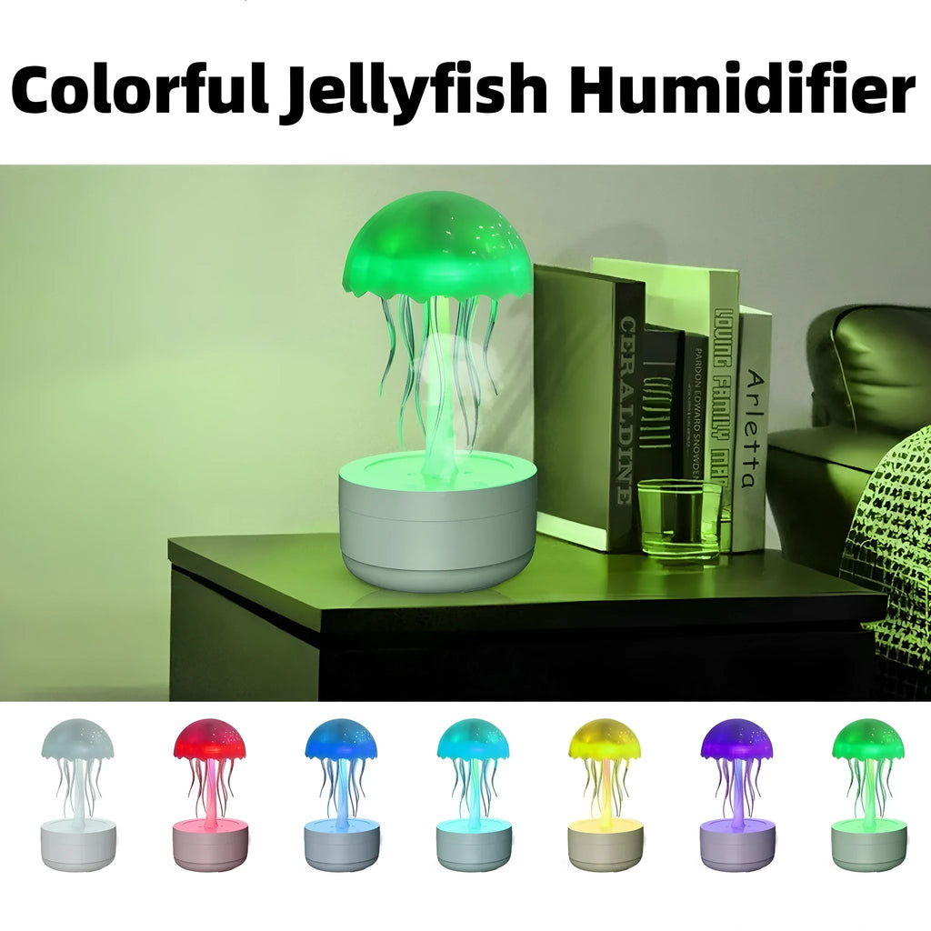 White resin jellyfish humidifier diffuser with 7-colour night light and touch controls on a desk
