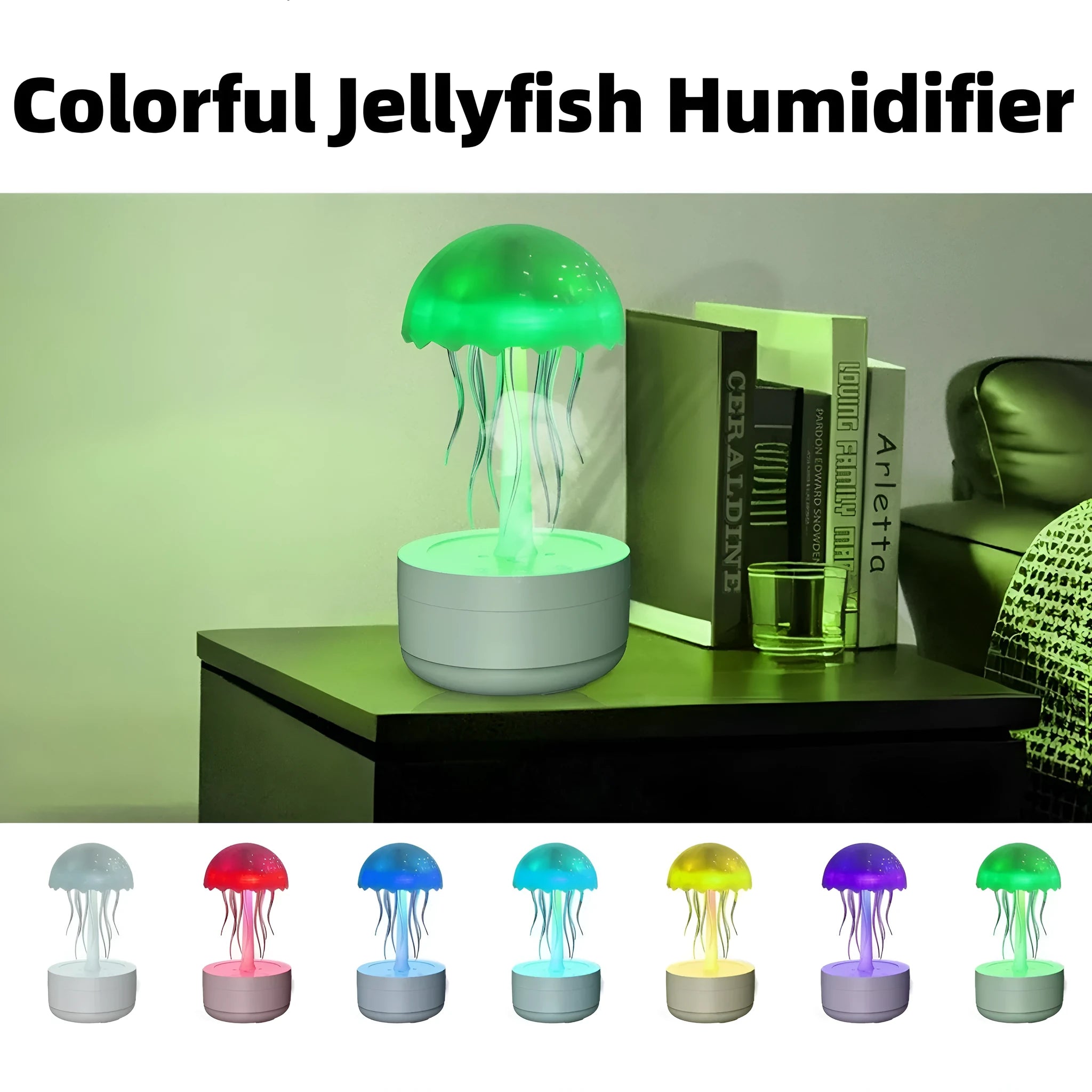 White resin jellyfish humidifier diffuser with 7-colour night light and touch controls on a desk