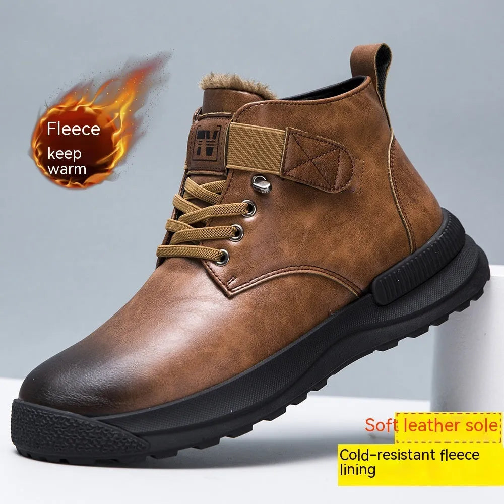 Black and brown men's high-top Martin platform boots with artificial PU upper and rubber sole
