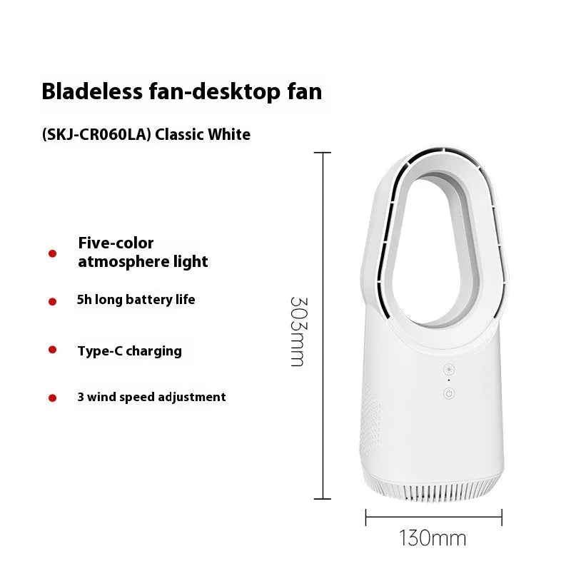 White bladeless tower fan with remote control and touch screen buttons for floor or desktop use