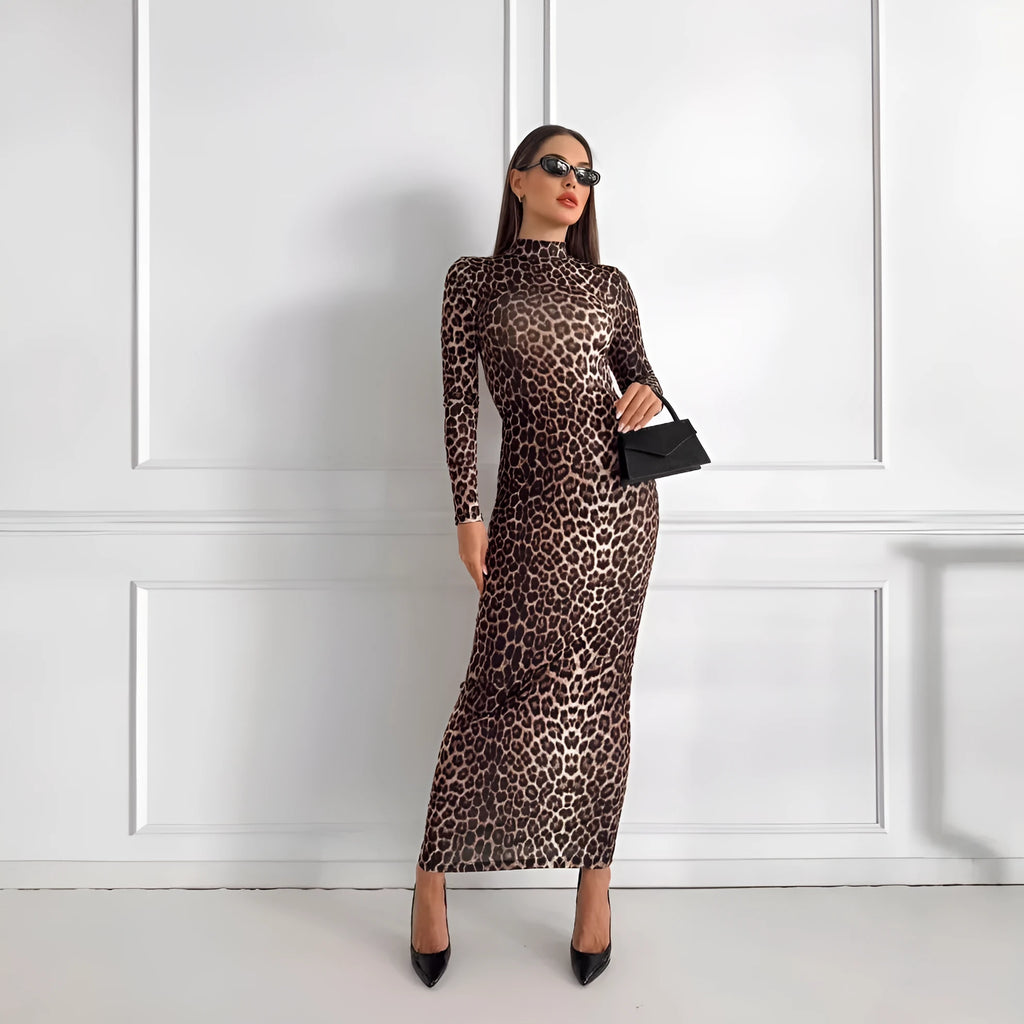 Fashion leopard print stand collar long sleeve long dress with high waist hip skirt in milk silk fabric