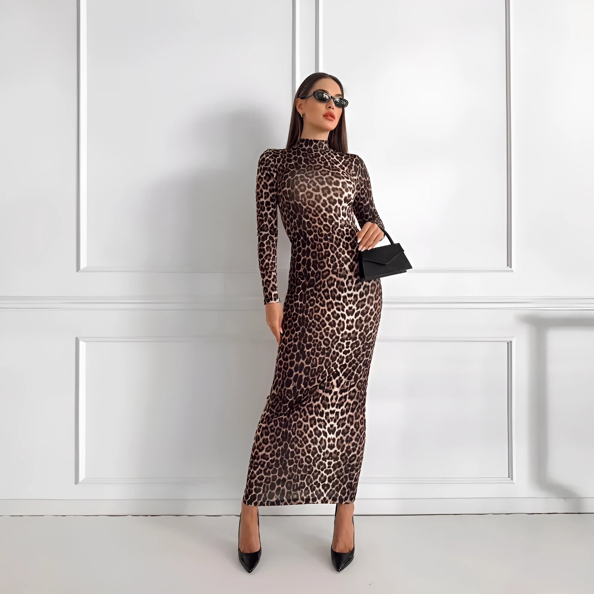 Fashion leopard print stand collar long sleeve long dress with high waist hip skirt in milk silk fabric