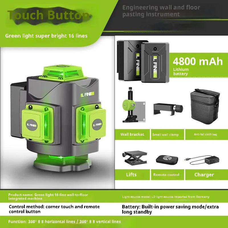 Green laser level with 16 projection lines showing 360° alignment for construction and DIY projects